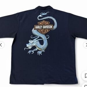 Pre Loved Harley-Davidson Dark Blue Button-down Shirt with Dragon 2xl